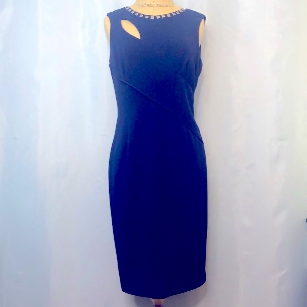 Adrianna Papell Navy Blue Studded Neckline Sleeveless Cocktail Dress Size 4 - Picture 2 of 15
